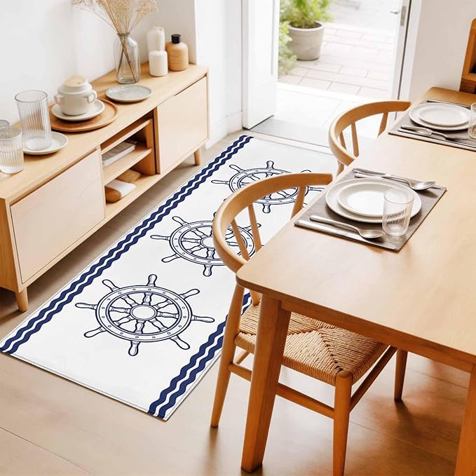 Runner Rug for Bedroom Hallway, Summer Marine Nautical Ship Rudder Kitchen Runner Rugs Area Rug 2x6ft, Ocean Theme Navy Blue White Washable Soft Floor Carpet for Entryway Stair