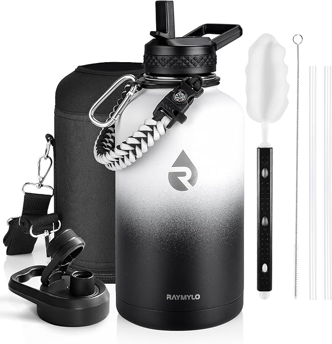 RAYMYLO Insulated Water Bottle 64 oz, Triple Wall Vacuum Stainless Steel (Cold for 48 Hrs), Leak Proof & Non-BPA, Half Gallon Water Flask Jug with Paracord Handle & Straw Spout Lids, White/Black