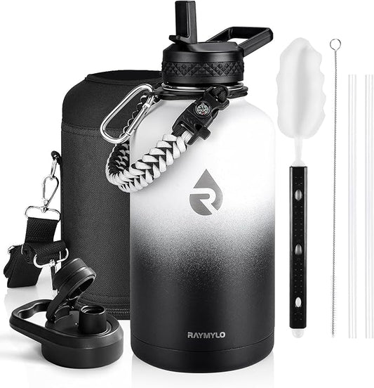 RAYMYLO Insulated Water Bottle 64 oz, Triple Wall Vacuum Stainless Steel (Cold for 48 Hrs), Leak Proof & Non-BPA, Half Gallon Water Flask Jug with Paracord Handle & Straw Spout Lids, White/Black