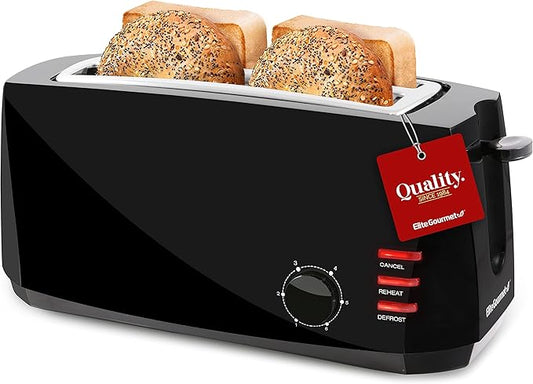 Elite Gourmet ECT4829B Long Slot 4 Slice Toaster, 6 Toast Settings Toaster Defrost, Reheat, Cancel Functions, Slide Out Crumb Tray, Extra Wide Slots for Bagels Waffles, Black