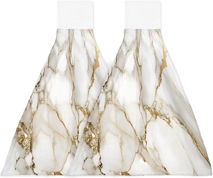 Alandar Home Kitchen Tie Towel Set of 2, Abstract Marble Gold Stripe Art Absorbent Soft Hand Towels for Bathroom Hanging Towels, Watercolor Natural White Stone Fast Drying Cleaning Cloth with Loop
