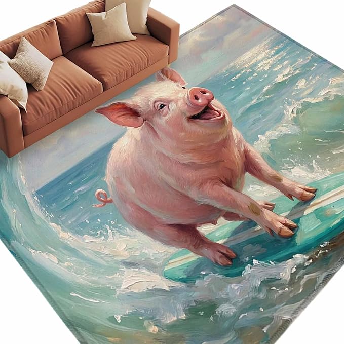 Area Rug 6x9ft, Surfing Farm Pink Pig Washable Rugs for Living Room Bedroom, Summer Blue Sea Wave Beach Soft Non-Slip Area Rugs Rectangle Floor Carpet for Dining Room