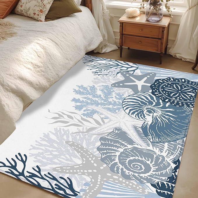 Area Rug 4x6ft, Underwater Blue Shells Starfish Coral Washable Rugs for Living Room Bedroom, Summer Botantical Soft Non-Slip Area Rugs Rectangle Floor Carpet for Dining Room