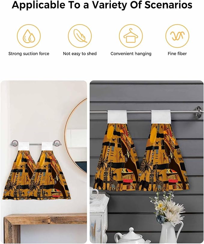 Alandar Home Kitchen Tie Towel Set of 1, Black Women Giraffe Elephant Tree Absorbent Soft Hand Towels for Bathroom Hanging Towels, African Animal Fast Drying Cleaning Cloth with Loop