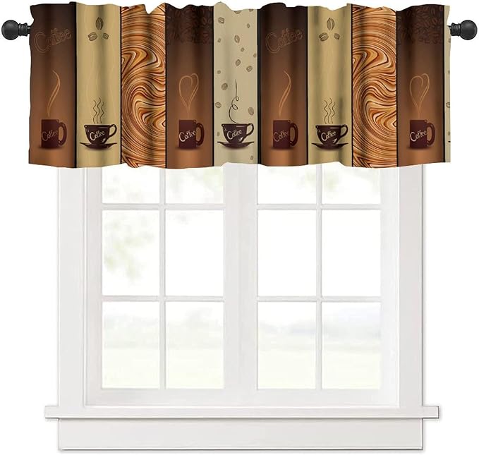 Coffee Valance Curtain, Vintage Brown Coffee Bean Swirl Cups Short Window Treatment for Cafe Kitchen Dining Room Resturant Bedroom Living Room, 54x18Inch