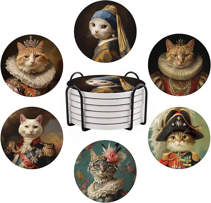 Drink Coasters Set of 6, Cat Coasters, Funny Ceramic Stone Coaster, with Cork Base and Metal Holder, Absorbent Round Non-Slip Drink Coffee Bar Mug Cup Coaster Cat Decor Gifts