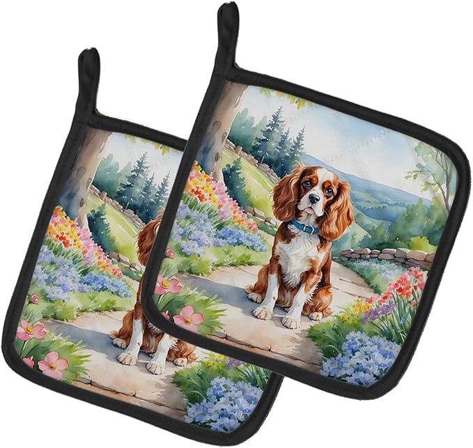 Caroline's Treasures Cavalier Spaniel Spring Path Pair of Pot Holders Kitchen Heat Resistant Pot Holders Sets Oven Hot Pads for Cooking Baking BBQ, 7 1/2 x 7 1/2