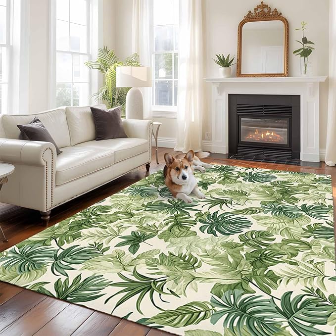 Area Rug 6x9ft, Green Palm Leaf Watercolor Washable Rugs for Living Room Bedroom, Summer Tropical Leaves Soft Non-Slip Area Rugs Rectangle Floor Carpet for Dining Room