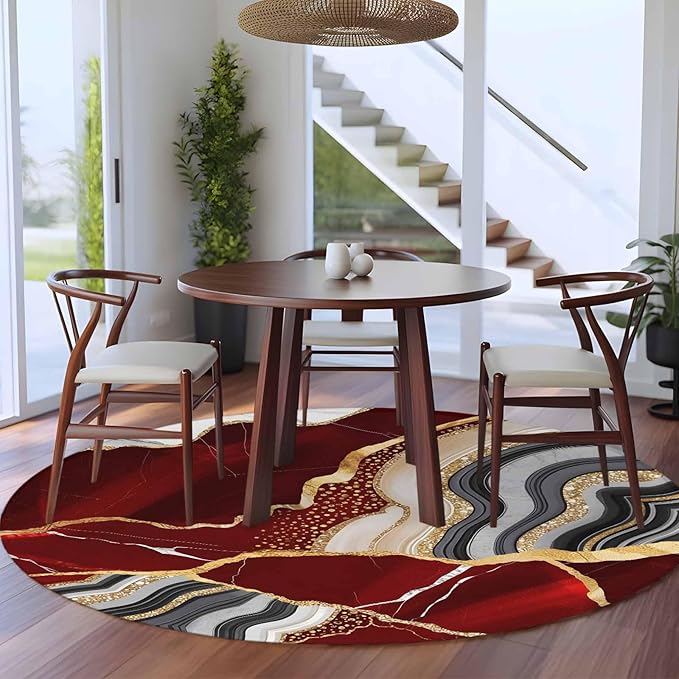 Washable Round Area Rug Abstract Flowing Marble Fluid Art Circle Rugs Floor Carpet for Living Room Bedroom, Red and Gold Lines Soft Non Slip Round Rug 5ft