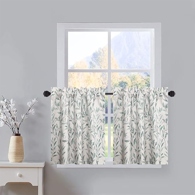 VOGOL Tier Curtains 24 Inch Length, Cute Leaves Print Valances Curtain Privacy Half Window Tiers for Cafe Farmhouse Living Room Bedroom, 30x24, 2 Panels