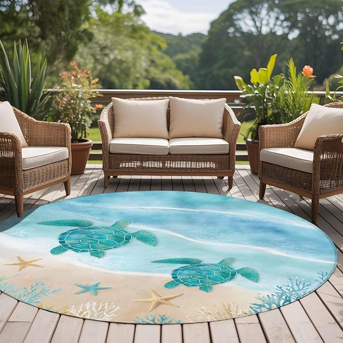 Washable Round Area Rug Sea Turtle Starfish Coral Circle Rugs Floor Carpet for Living Room Bedroom, Summer Seaside Ocean Life Soft Non Slip Round Rug 5ft