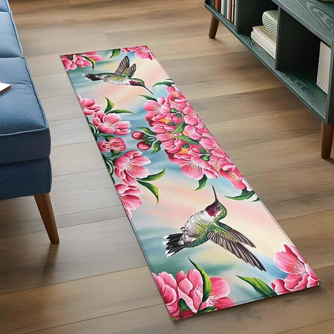 Runner Rug for Bedroom Hallway, Hummingbird Flower Peach Blossom Kitchen Runner Rugs Area Rug 2x6ft, Nature Oil Painting Art Washable Soft Floor Carpet for Entryway Stair