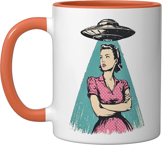 Retro 1950s UFO Pinup Woman Sci Fi Alien Design Ceramic Mug, Orange/White