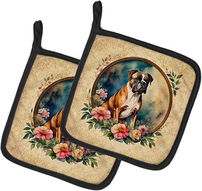 Caroline's Treasures Boxer and Flowers Pair of Pot Holders Kitchen Heat Resistant Pot Holders Sets Oven Hot Pads for Cooking Baking BBQ, 7 1/2 x 7 1/2