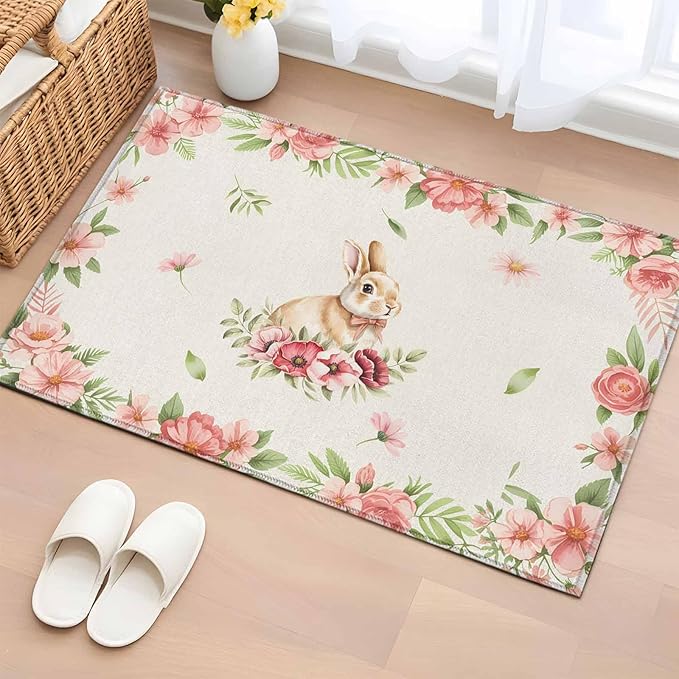 Area Rug 2x3ft, Retro Easter Rabbit on Linen Washable Rugs for Living Room Bedroom, Spring Pastoral Pink Flower Leaf Soft Non-Slip Area Rugs Rectangle Floor Carpet for Dining Room