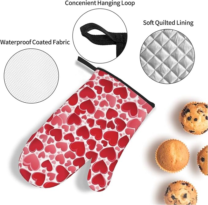 4 Pcs Red Heart Pattern Oven Mitts and Potholders,Kitchen Oven Glove with Pot Holders,Non-Slip Gloves High Heat Resistant 500 Degree for BBQ, Grill, Baking, Cooking, Oven, Microwave