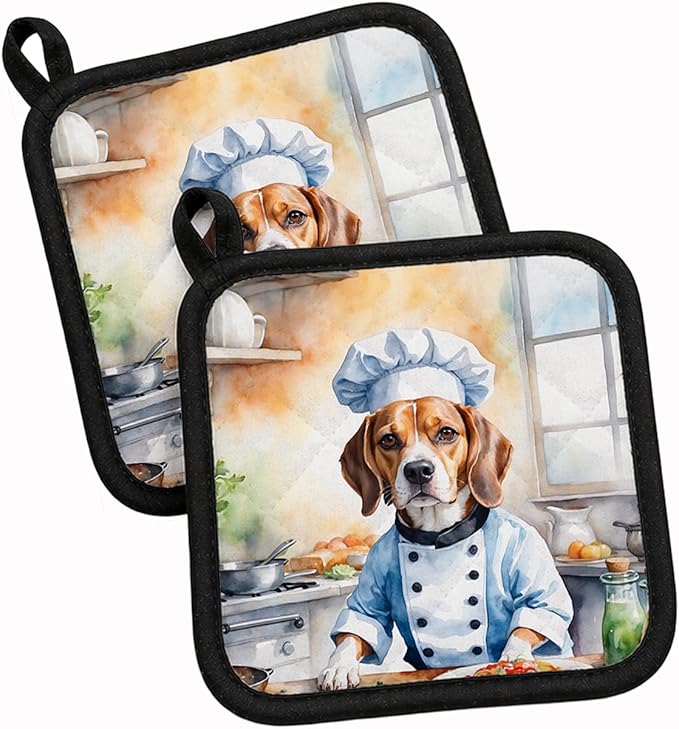 Caroline's Treasures Beagle The Chef Pair of Pot Holders Kitchen Heat Resistant Pot Holders Sets Oven Hot Pads for Cooking Baking BBQ, 7 1/2 x 7 1/2