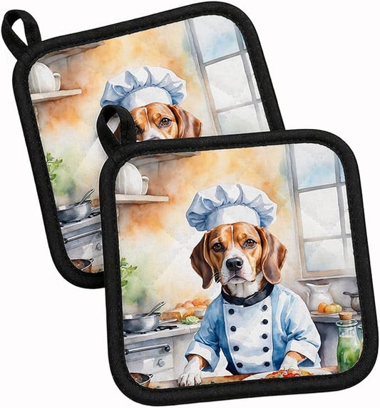 Caroline's Treasures Beagle The Chef Pair of Pot Holders Kitchen Heat Resistant Pot Holders Sets Oven Hot Pads for Cooking Baking BBQ, 7 1/2 x 7 1/2
