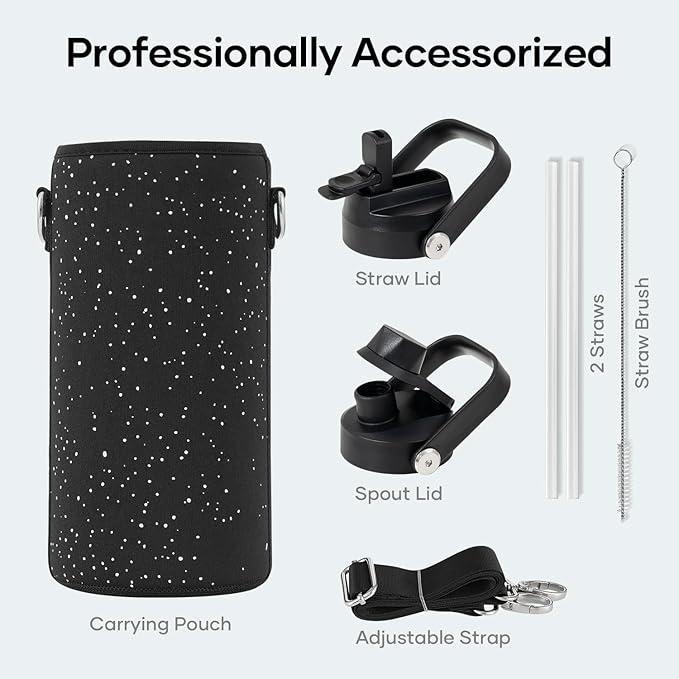 BUZIO 32 oz Water Bottle Insulated, Leakproof Stainless Steel Flask (Cold for 48 Hrs), Wide Mouth BPA-Free Metal Thermo Hydro Canteen with 2 Lids, Starry Day & Night