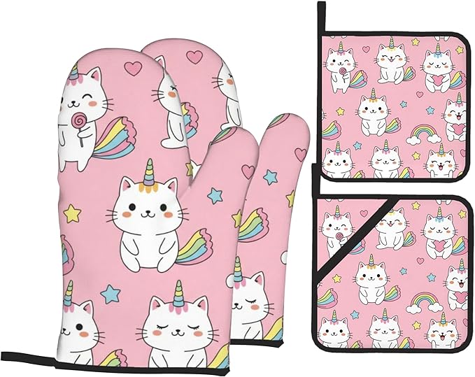 Pink Cat Oven Mitts and Heat Resistant Pads - Heat Resistant Gloves Potholder Set of 4 for Cooking, BBQ, Gifts for Women