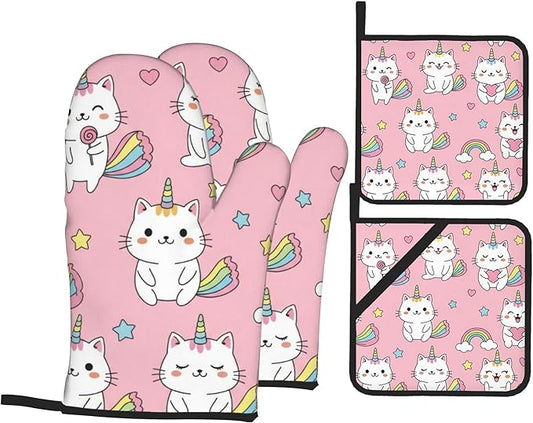 Pink Cat Oven Mitts and Heat Resistant Pads - Heat Resistant Gloves Potholder Set of 4 for Cooking, BBQ, Gifts for Women