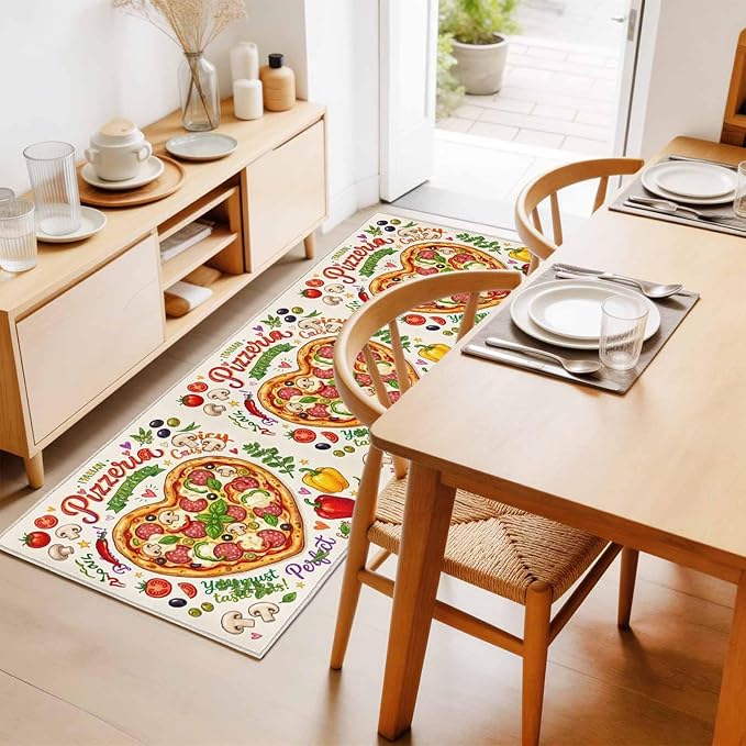 Runner Rug for Bedroom Hallway, Cartoon Pizza Watercolor Graffiti Kitchen Runner Rugs Area Rug 2x6ft, Farmhouse Vegetable Leaves Washable Soft Floor Carpet for Entryway Stair