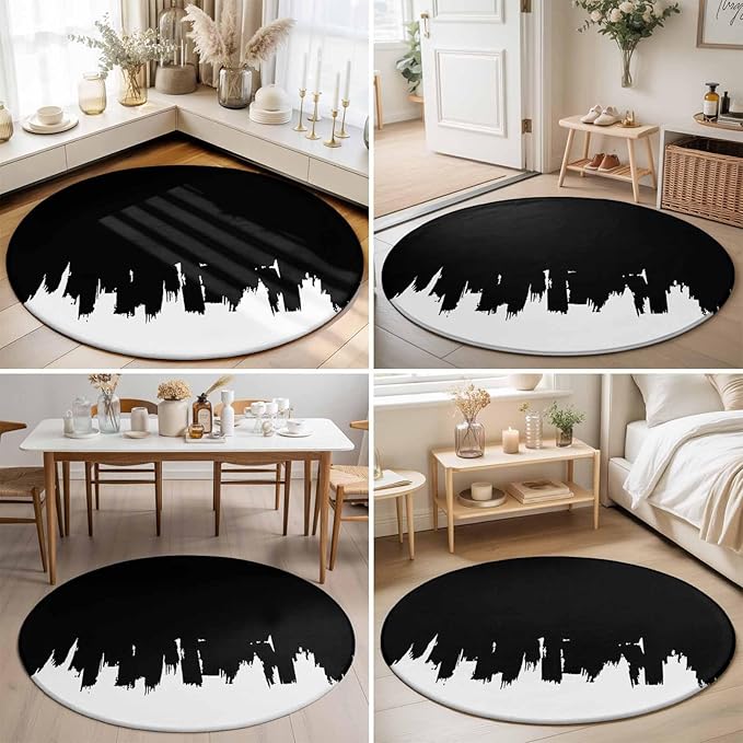 Washable Round Area Rug Abstract Black Graffiti Texture Circle Rugs Floor Carpet for Living Room Bedroom, Modern Minimalist Art Soft Non Slip Round Rug 5ft