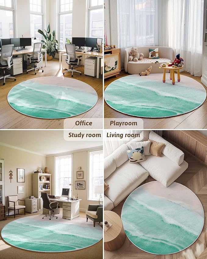 Round Area Rug,Summer Beach Green Water Ripples Circle Living Room Rug Non-Slip Rugs Indoor Carpet,Coastal Seaside Waves Soft Comfort Rugs for Bedroom KidsRoom Nursery