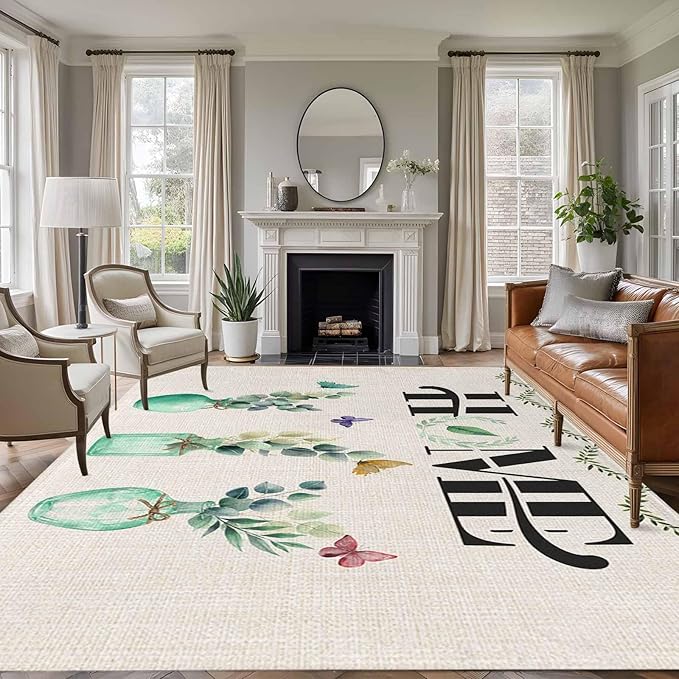 Area Rug 9x12ft, Rustic Home Text Eucalyptus Leaf Washable Rugs for Living Room Bedroom Rectangle Floor Carpet, Farmhouse Butterfly Retro Linen Soft Non-Slip Area Rugs for Dining Room