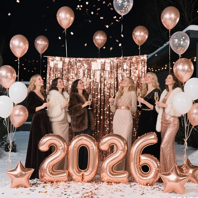 JOJO FLY New Years Eve Party Decorations Kit, Rose Gold 2026 Balloons, Rose Gold and White Balloons Set, Foil Curtain, Graduation Decorations, New Years Eve Party Supplies 2026