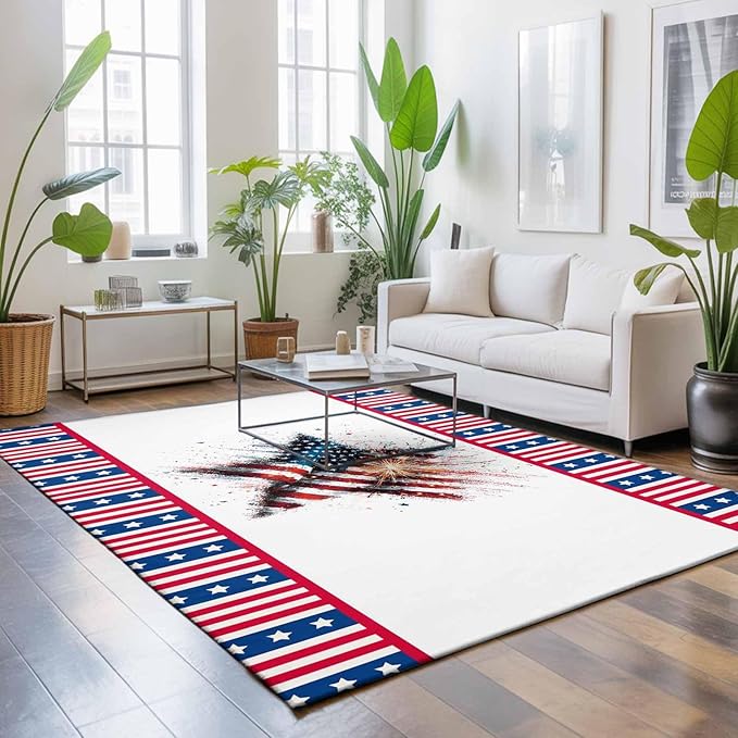 Area Rug 3x5ft, 4th of July Stars Stripes Abstract Flag Washable Rugs for Living Room Bedroom, Patriotic Theme Soft Non-Slip Area Rugs Rectangle Floor Carpet for Dining Room