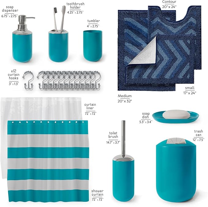 Clara Clark Bathroom Accessories Set - 23PC Shower Curtain Set with Bathroom Trash Can, Teal Bathroom Set, Bathroom Sets with Shower Curtain and Navy Rugs