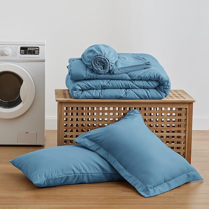 Love's cabin Twin XL Comforter Set Misty Blue, 5 Pieces Twin XL Bed in a Bag, All Season Bedding Sets with 1 Comforter, 1 Flat Sheet, 1 Fitted Sheet, 1 Pillowcase and 1 Pillow Sham | Soft, Breathable, Lightweight, Comfortable