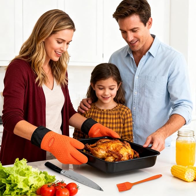 Silicone Smoker Oven Gloves - BBQ Gloves with Sharp Knife, Basting Brush and Sticky Hook.