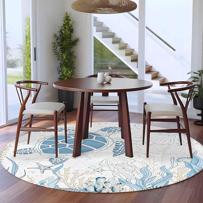 Washable Round Area Rug Blue Sea Turtles Stars Corals Circle Rugs Floor Carpet for Living Room Bedroom, Vintage Marine Life Soft Non Slip Round Rug 5ft