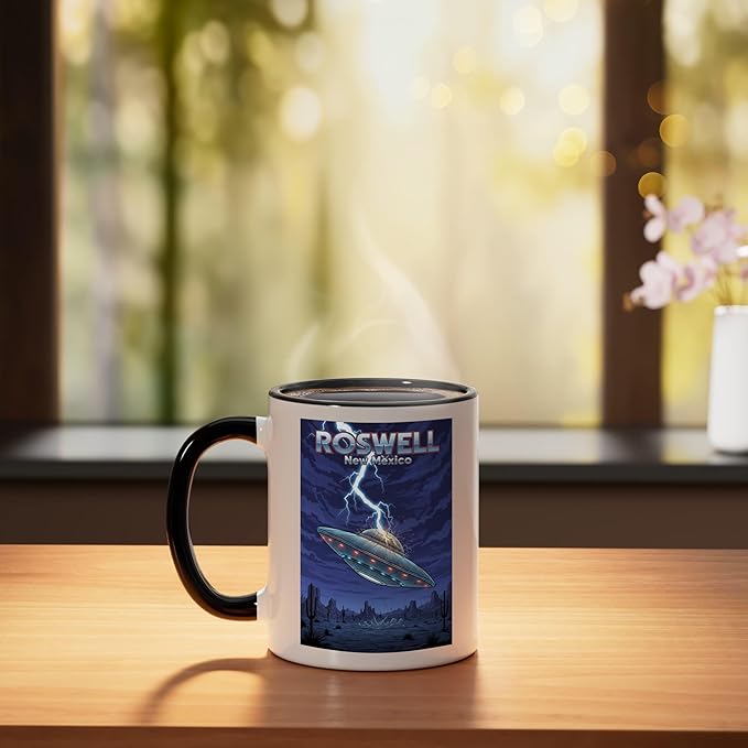 Roswell UFO Flying Saucer New Mexico Souvenir Lightning Ceramic Mug, Black/White