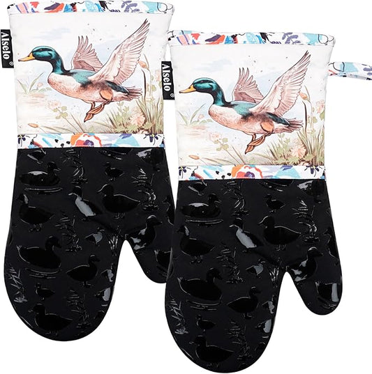 Alselo Oven Mitts, Heat Resistant with Soft Quilted Cotton Lining Set of 2, Fashion Duck Design with Silicone Printing Anti-Slip Kitchen Gloves for Safe Backing Cooking Barbecue (Darkgray, Duck)