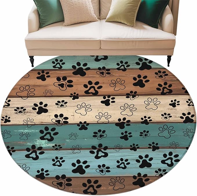 Washable Round Area Rug Farm Brown Wood Board Circle Rugs Floor Carpet for Living Room Bedroom, Dog Paw Print Animal Footprint Soft Non Slip Round Rug 5ft