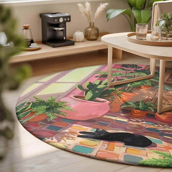 Washable Round Area Rug Sleeping Cat Pink Sunlit Room Circle Rugs Floor Carpet for Living Room Bedroom, Potted Plants Soft Non Slip Round Rug 3ft