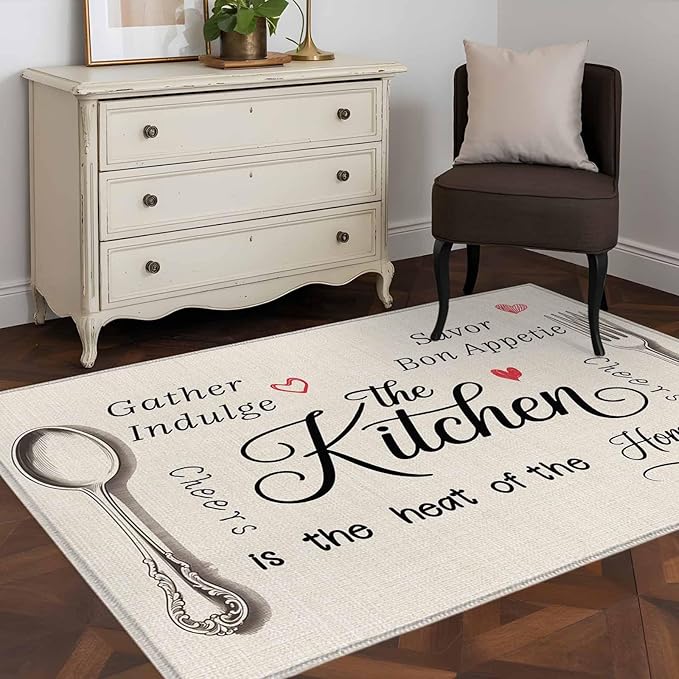 Area Rug 3x5ft, Spoon Fork Vintage Farmhouse Washable Rugs for Living Room Bedroom, Abstract Love Retro Linen Soft Non-Slip Area Rugs Rectangle Floor Carpet for Dining Room