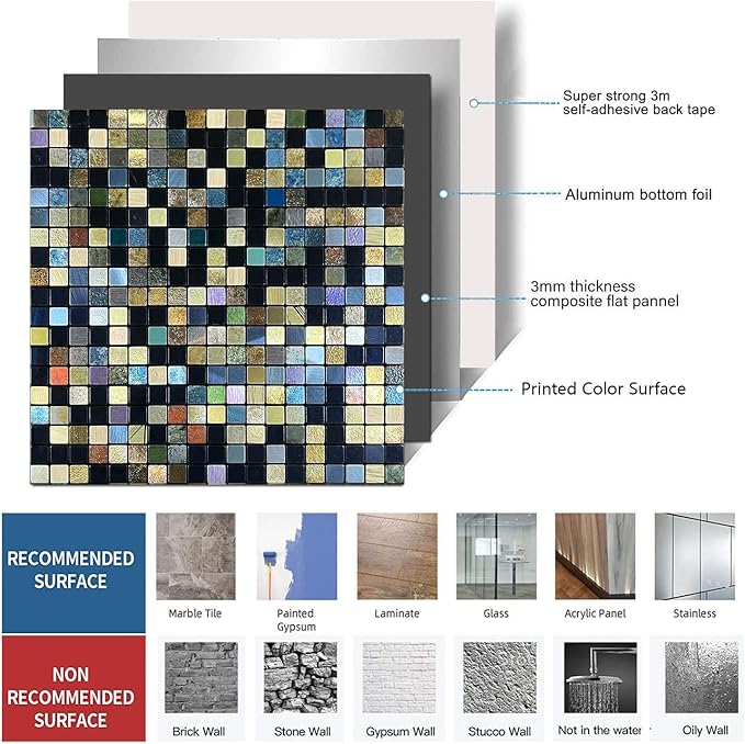 10 Sheets Peel and Stick Backsplash Tile, Self-Adhesive Mosaic Tile, Stick on Kitchen, Bathroom Vanities, Fireplace Décor, Laundry Table (10, Mixed Green and Blue)