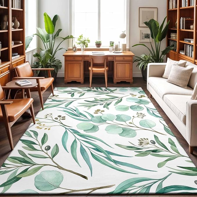 Area Rug 8x10ft, Watercolor Eucalyptus Leaves Washable Rugs for Living Room Bedroom, Spring Green Foliage Branch Soft Non-Slip Area Rugs Rectangle Floor Carpet for Dining Room