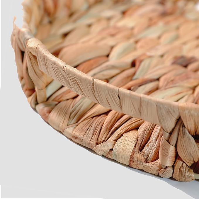 Large Round Water Hyacinth Storage Baskets, Hand-Woven Natural Grass Weaving Trays with Built-in Handles, Wicker Serving Trays for Fruit, Arts, Crafts, and Home Decor