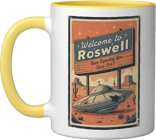 Roswell UFO Retro Tourism Souvenir Flying Saucer Crash Alien Ceramic Mug, Yellow/White