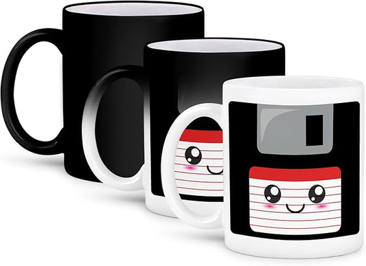 3dRose mug_57455_3 "Kawaii Cute Happy Floppy Disk - Geeky Retro computer - Japanese Anime Smiley cartoon with red label Magic Transforming Mug, 11 oz, Multicolor