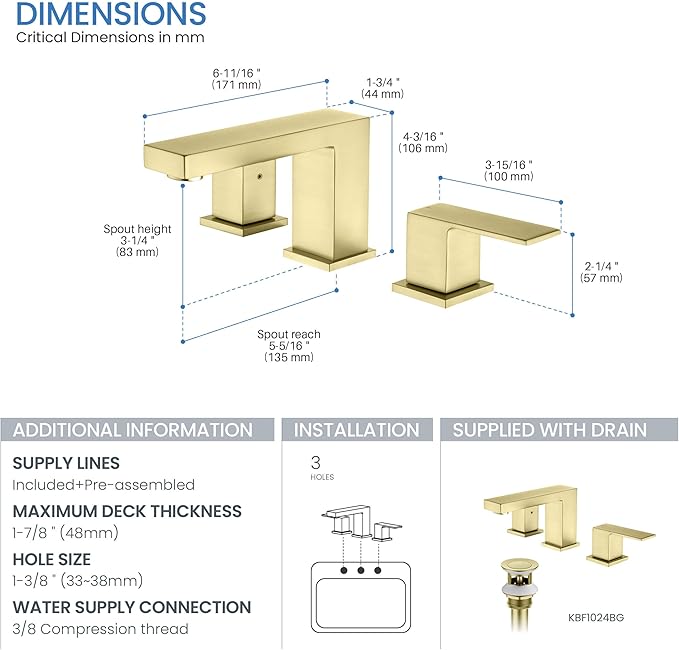 KIBI 2-Handle Cube Bathroom Sink Faucet with Drain Assembly | 3-Hole Installation, Solid Brass Construction | 8-Inch Wide Spread Lavatory Faucet | Brushed Gold Finish, KBF1024