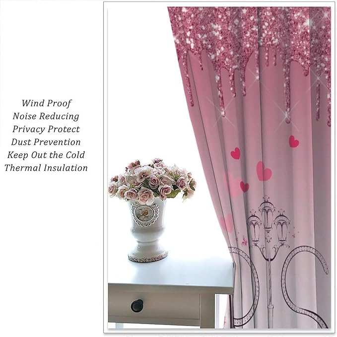 Eiffel Tower Blackout Curtain,Pink Glitter Romantic Paris Floral Abstract Window Treatment Curtains Dining Room Living Room Kitchen Cafe Bedroom Office Drapes Decor,42x45 in