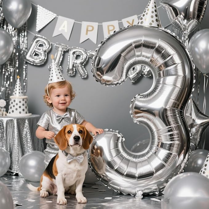 40 Inch Numbers 3 Balloon, Three Silver Happy Birthday Balloons 3rd for Girls Boys Babies, Number Balloons for 3 13 23 30 Wedding Bridal Shower Anniversaries Party