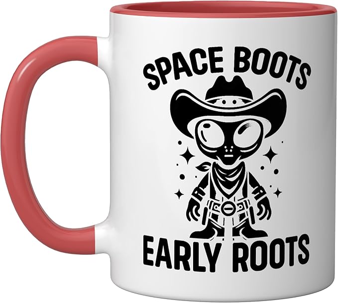 Alien Lover Flying Saucer UFO Extraterrestrial Cowboy Ceramic Mug, Red/White