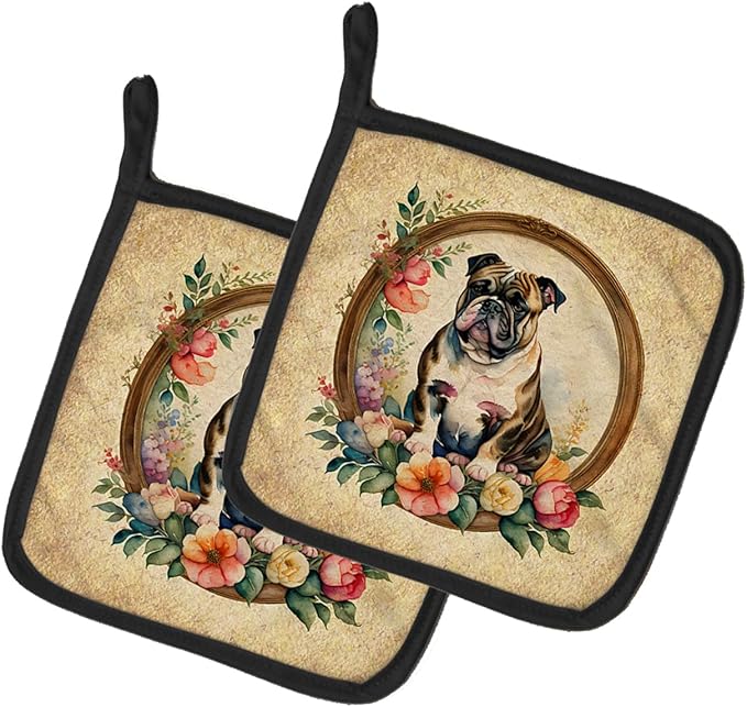Caroline's Treasures English Bulldog and Flowers Pair of Pot Holders Kitchen Heat Resistant Pot Holders Sets Oven Hot Pads for Cooking Baking BBQ, 7 1/2 x 7 1/2